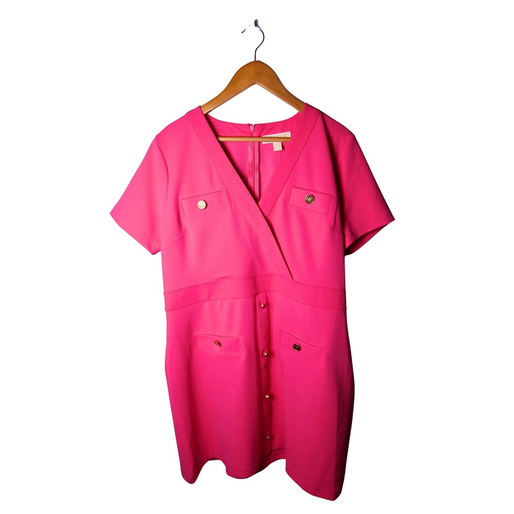 Michael Kors Pink Short Sleeve V-Neck Gold Button Sheath Dress Womens XL NWT